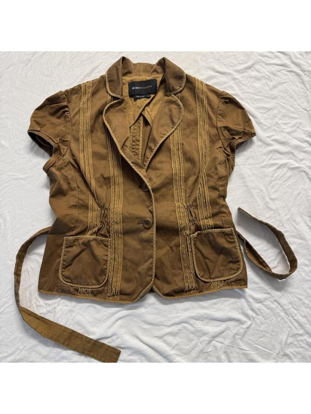 BCBG Max Azria Short Sleeve Brown Blazer Jacket Belted Size M Y2K Indie Sleaze